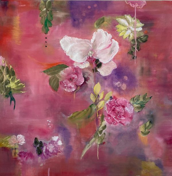 Abstract floral painting with soft pink and green hues.