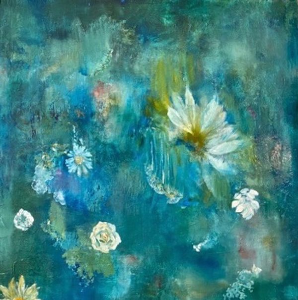 Abstract painting with flowers in blue and green hues.