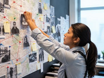 Detective connecting clues on a board.