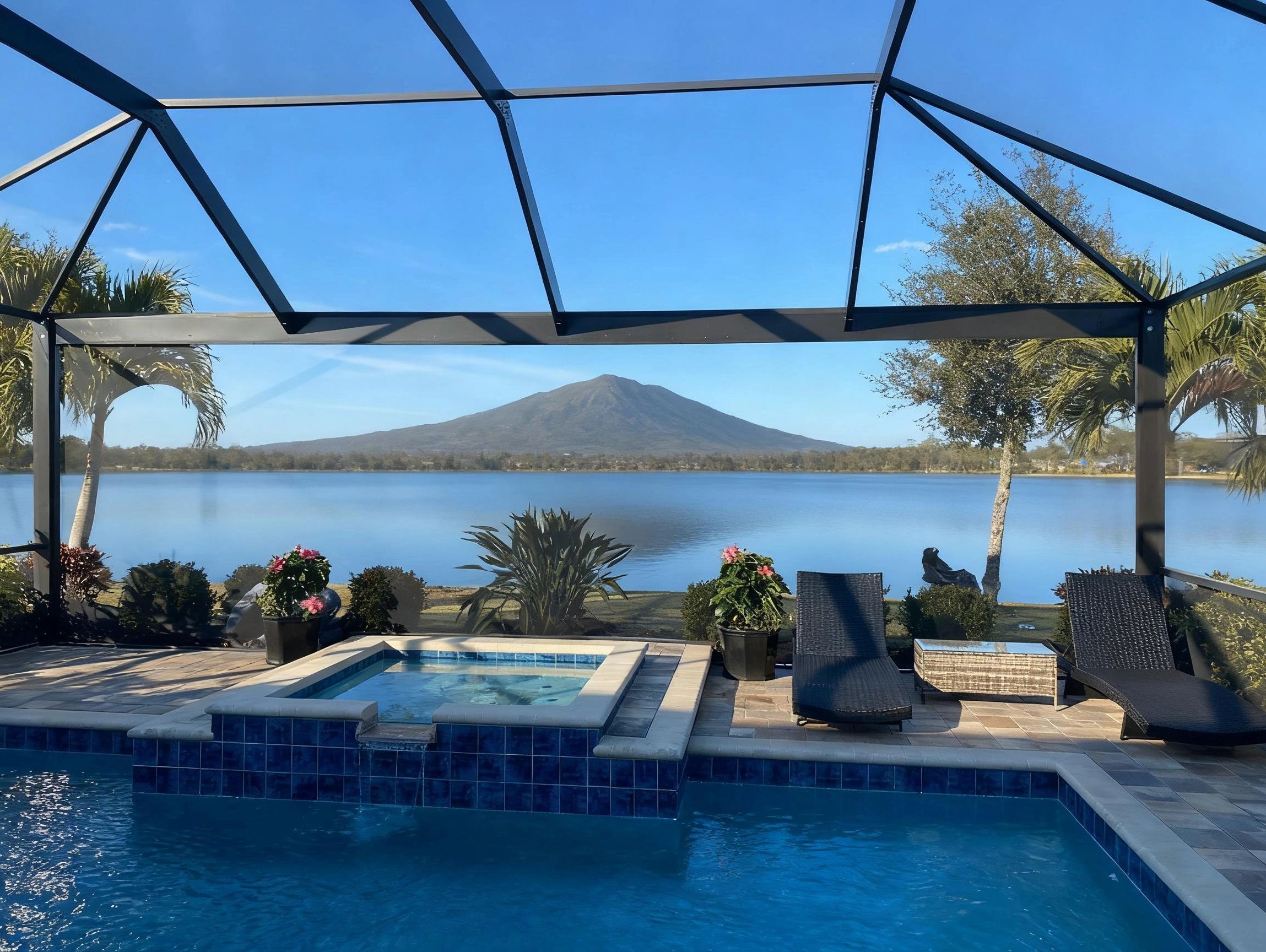 Incredible Florida landscape with pool cage, crystal water, and sunlight | Modern Pool Cage Painting