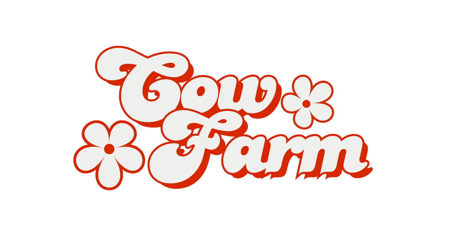 Retro-style text reading 'Cow Farm' with flower decorations.
