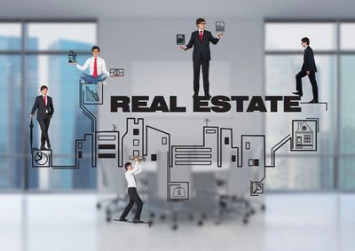 A mosaic of many people in a real estate office.