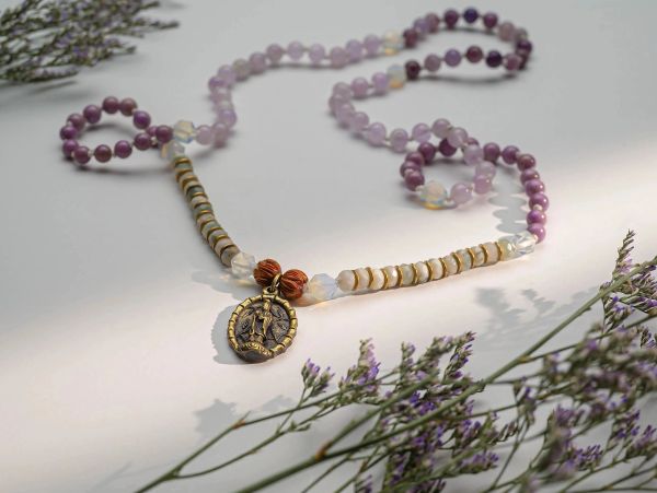 Beaded rosary with a religious medallion and purple flowers.