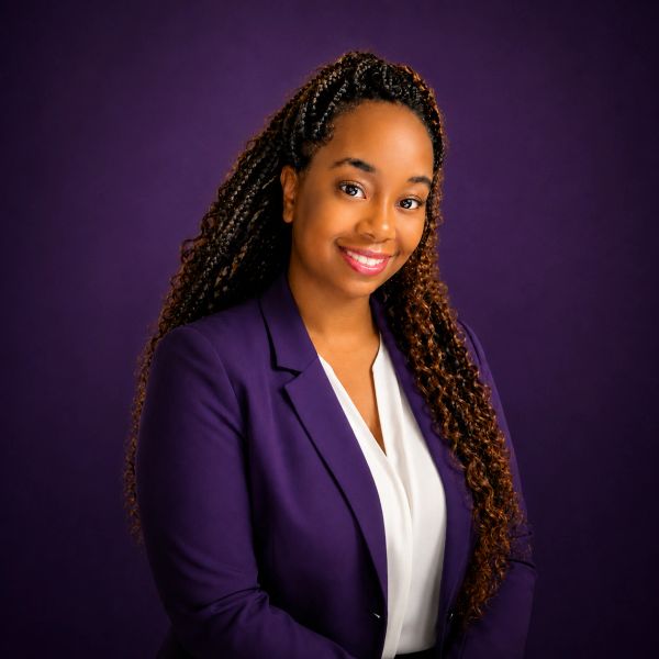 Smiling woman in a purple blazer and white blouse against a purple background.