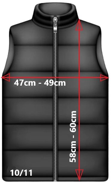 Black padded vest with size measurements for chest and length.