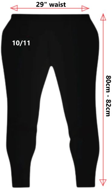 Black pants with 29-inch waist and 80-82 cm length, size 10/11.