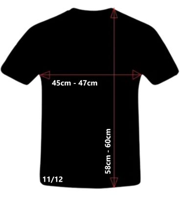 Black T-shirt with measurements 45-47 cm width and 58-60 cm length.