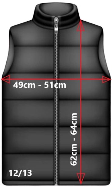 Black puffer vest with size measurements for chest and length.