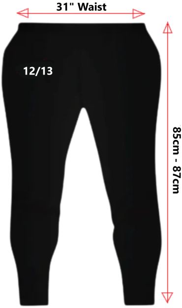 Black pants with 31-inch waist and 85-87 cm length, size 12/13.
