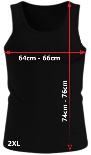 Black 2XL tank top with chest width 64-66cm and length 74-76cm.