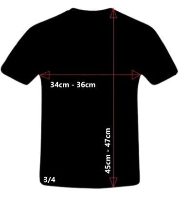 Black t-shirt with size measurements: width 34-36cm, length 45-47cm.