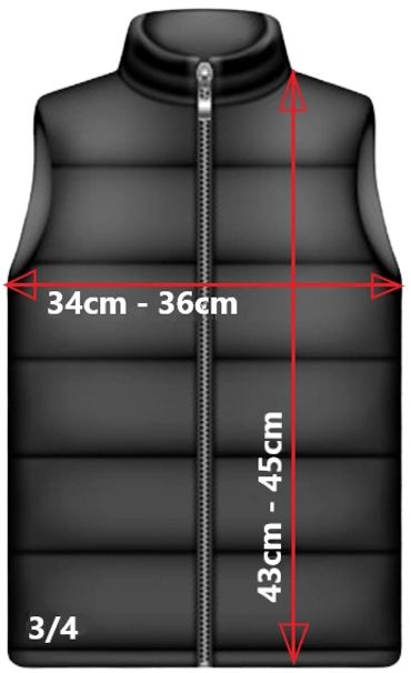 Black puffer vest with 34-36cm width and 43-45cm height measurements.