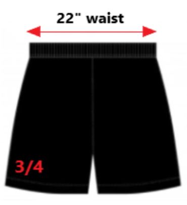 Black shorts with a 22-inch waist and 3/4 length.