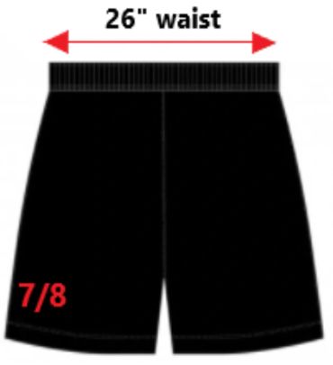 Black shorts with a 26-inch waist and 7/8 length.