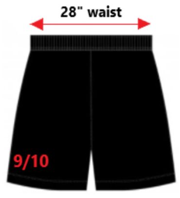 Black shorts with a 28-inch waist measurement and a 9/10 rating.