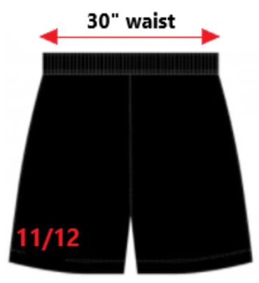 Black shorts with a 30-inch waist measurement.