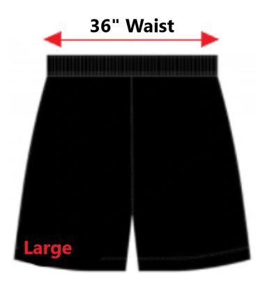 Black shorts labeled 'Large' with 36-inch waist measurement.