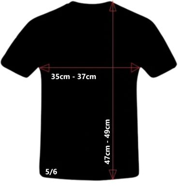 Black T-shirt with size 5/6 measurements marked in centimeters.
