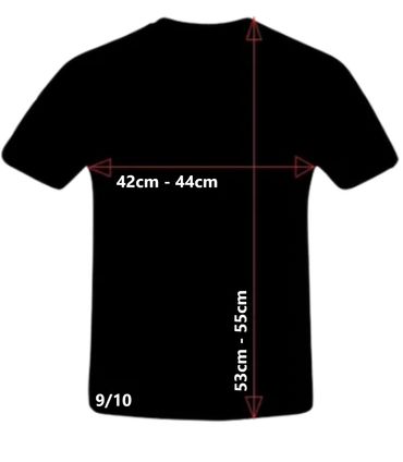 Black T-shirt with chest width 42-44cm and length 53-55cm measurements shown.