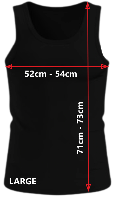 Black tank top with size measurements labeled in red arrows.