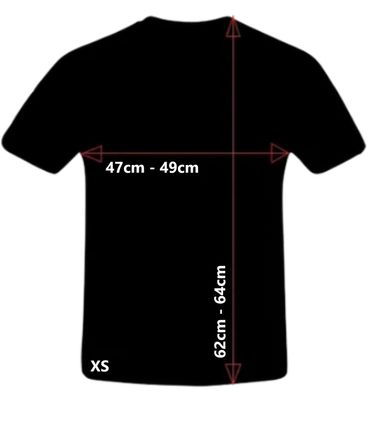 T-shirt size XS with chest width 47-49 cm and length 62-64 cm.