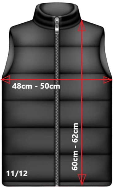 Black puffer vest with measurements for size 11/12.