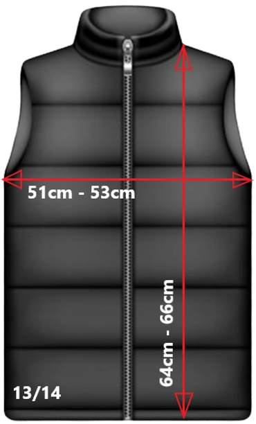 Black padded vest with zipper and size measurements.