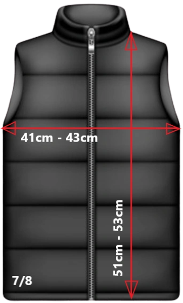 Black padded vest with size and measurement details.