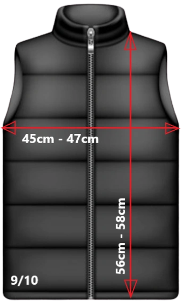 Black puffer vest with front zipper and size measurements.
