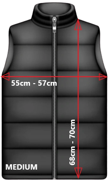 Black medium-sized puffer vest with zipper and size measurements.