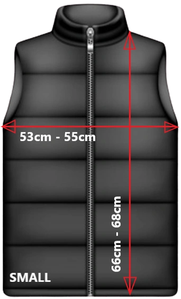 Black small-sized puffer vest with measurement details.
