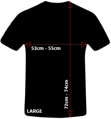 Black T-shirt with size measurements for large fit.