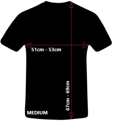 Black T-shirt with medium size and measurement details.