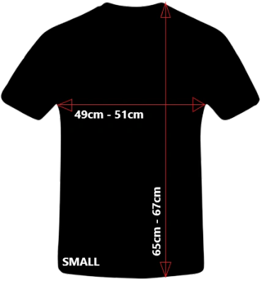 Black T-shirt size small with measurements labeled.