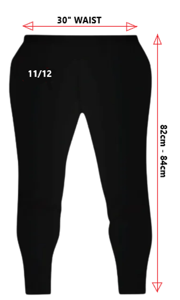 Black pants with measurement arrows for width and length.