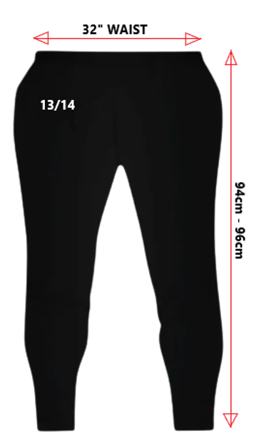 Black pants with size 13/14 and measurement arrows.