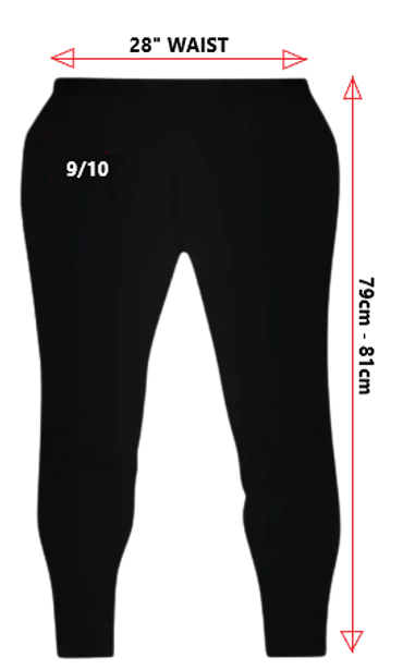 Black leggings with 9/10 size marking and red measurement arrows.