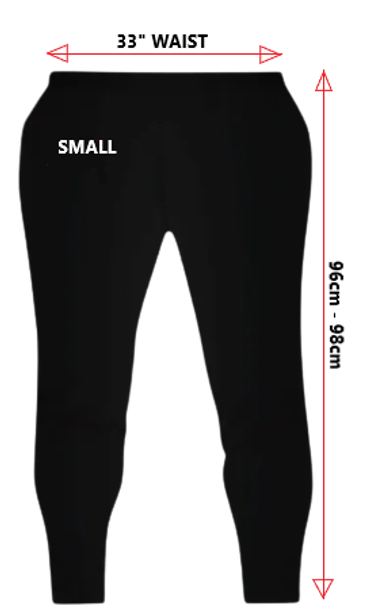 Black small-sized pants with measurement arrows for width and length.