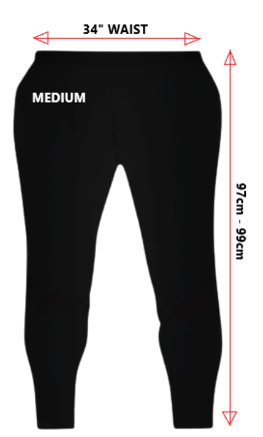 Black medium-sized pants with measurement arrows for length and width.