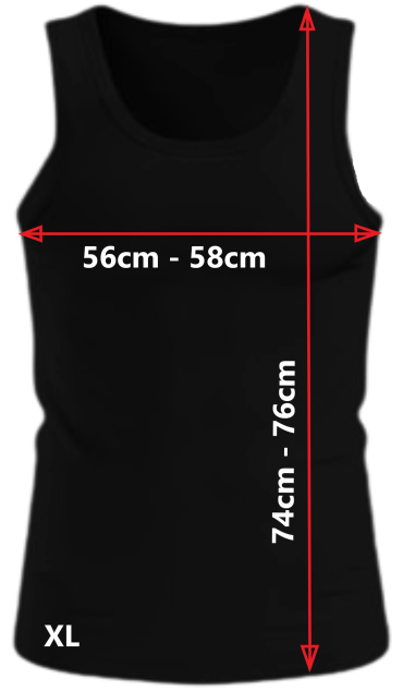 Black tank top size XL with measurements 56-58cm width and 74-76cm length.