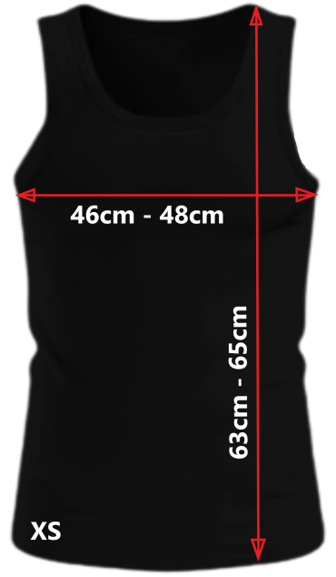 Black tank top with size XS measurements marked in red lines.