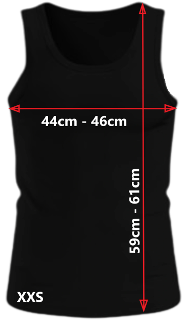 Black tank top with size XXS measurements in centimeters.
