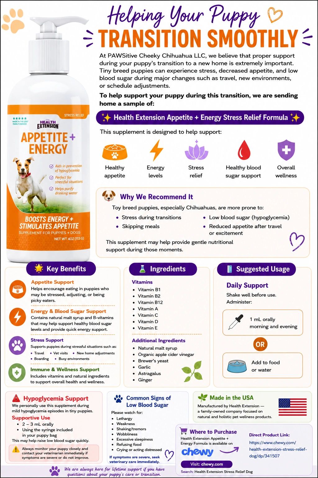 Puppy appetite and energy supplement for smooth transition and stress relief.