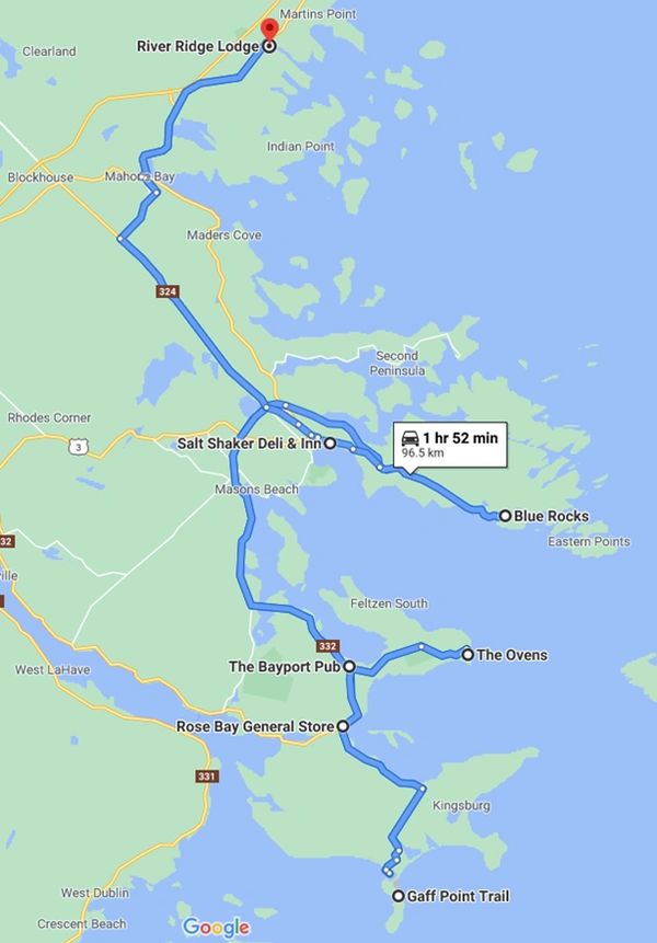Map of round day trip to Gaff Point Trail and Gaff Point Secret Beach starting at Hirtle's Beach NS