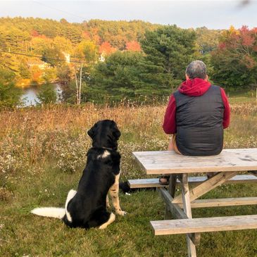 River Ridge Lodge Besitzer mit Hund genießt die Herbstfarben in der Naehe von Lunenburg Kanada