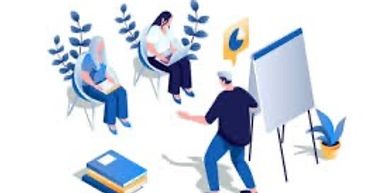 cartoon image of people in a workshop with the trainer in front of a Flipchart