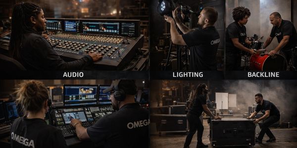 Team setting up audio, lighting, video, backline, and staging for events.