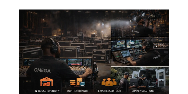 Tech professionals manage audiovisual equipment for events under the OMEGA brand.