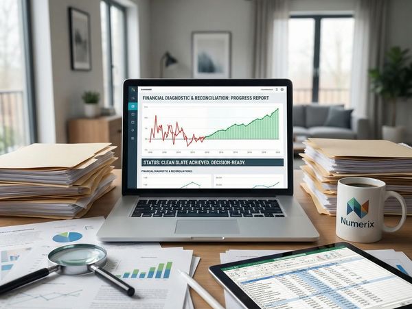 Laptop displaying financial progress report on a desk with documents and a coffee mug.
