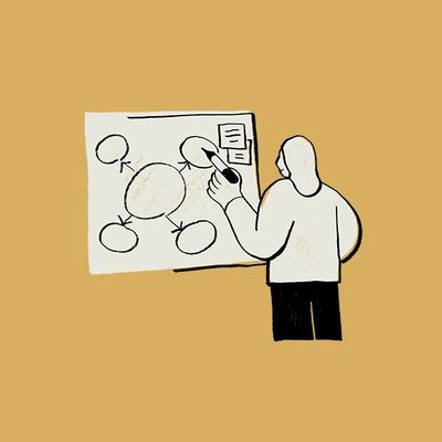 Person presenting a diagram on a whiteboard with connected circles and arrows.